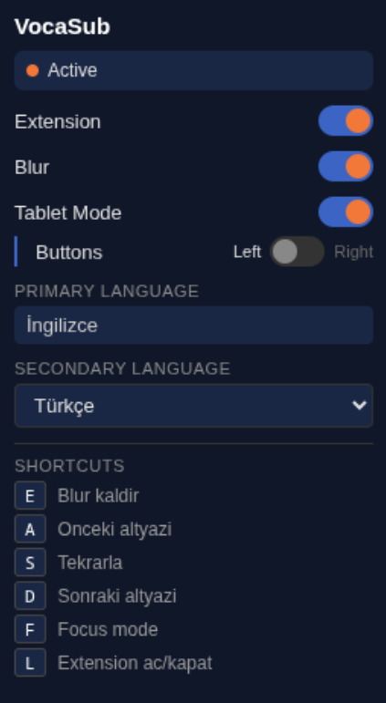 VocaSub popup interface showing extension controls, language selection, and keyboard shortcuts reference