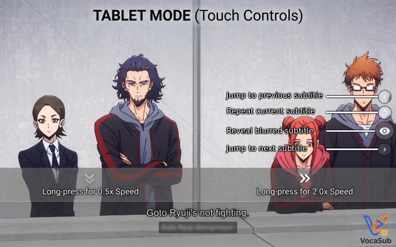 VocaSub tablet mode showing on-screen touch controls for subtitle navigation and speed control